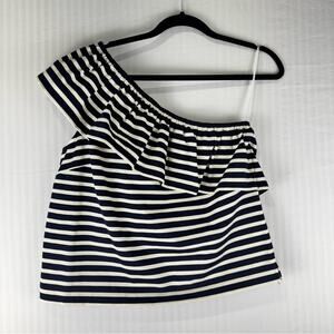 J. Crew One Shoulder Navy Blue/White Striped Nautical Blouse Ruffle Size Medium
